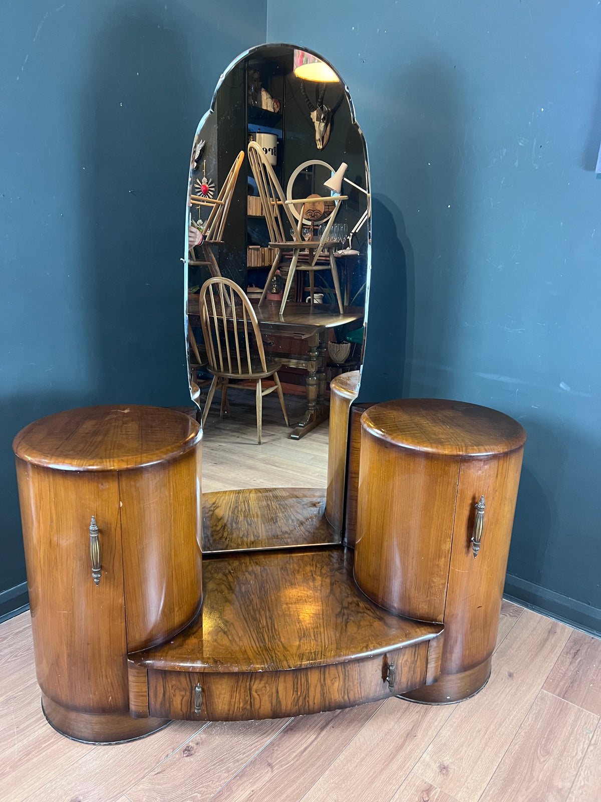 Art Deco walnut dressing table with full length mirror. By Shrager Brothers UK 1930s.