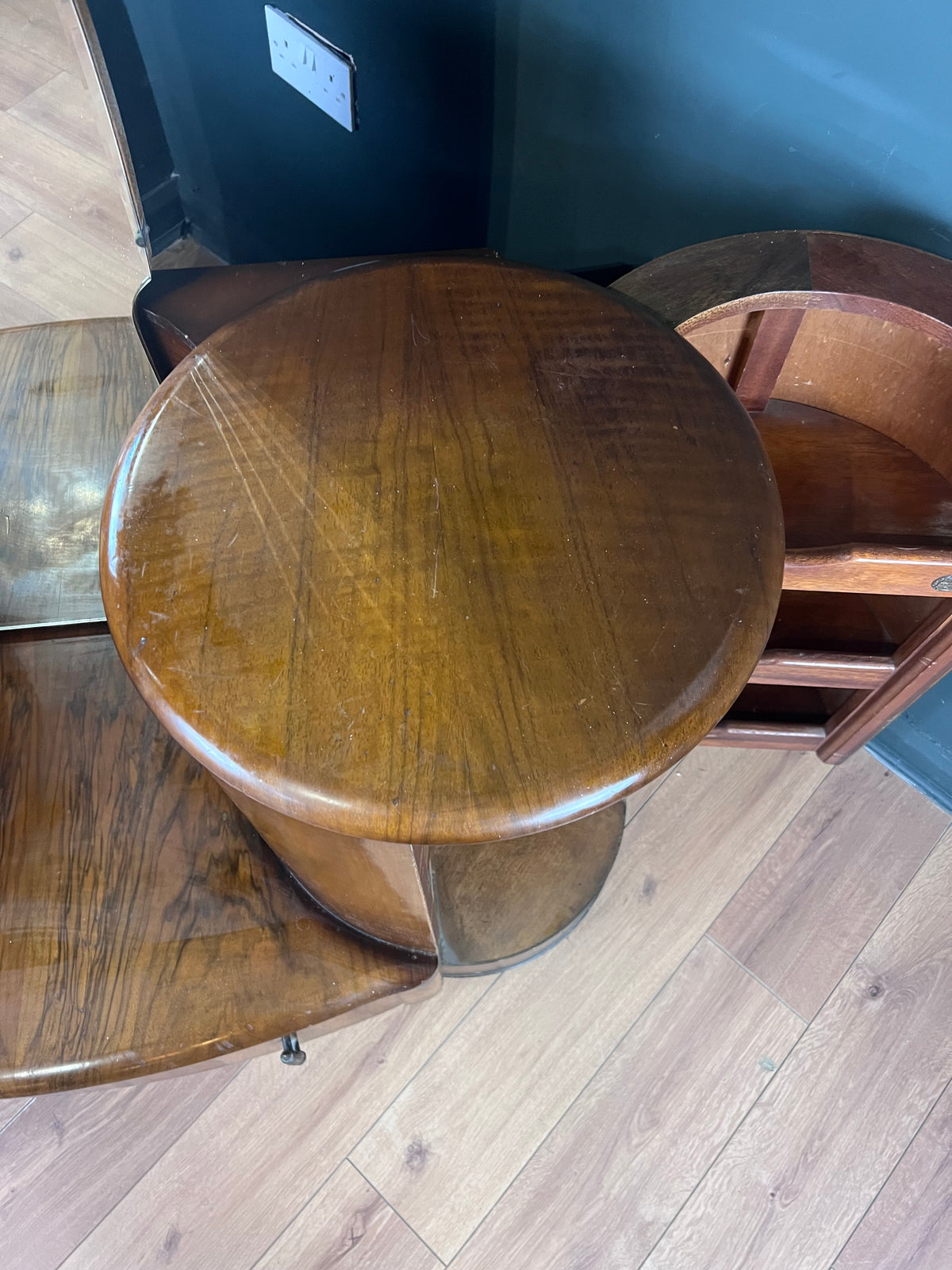 Art Deco walnut dressing table with full length mirror. By Shrager Brothers UK 1930s.
