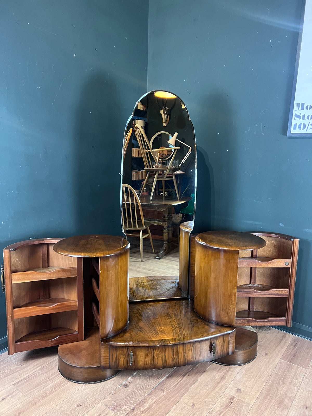 Art Deco walnut dressing table with full length mirror. By Shrager Brothers UK 1930s.