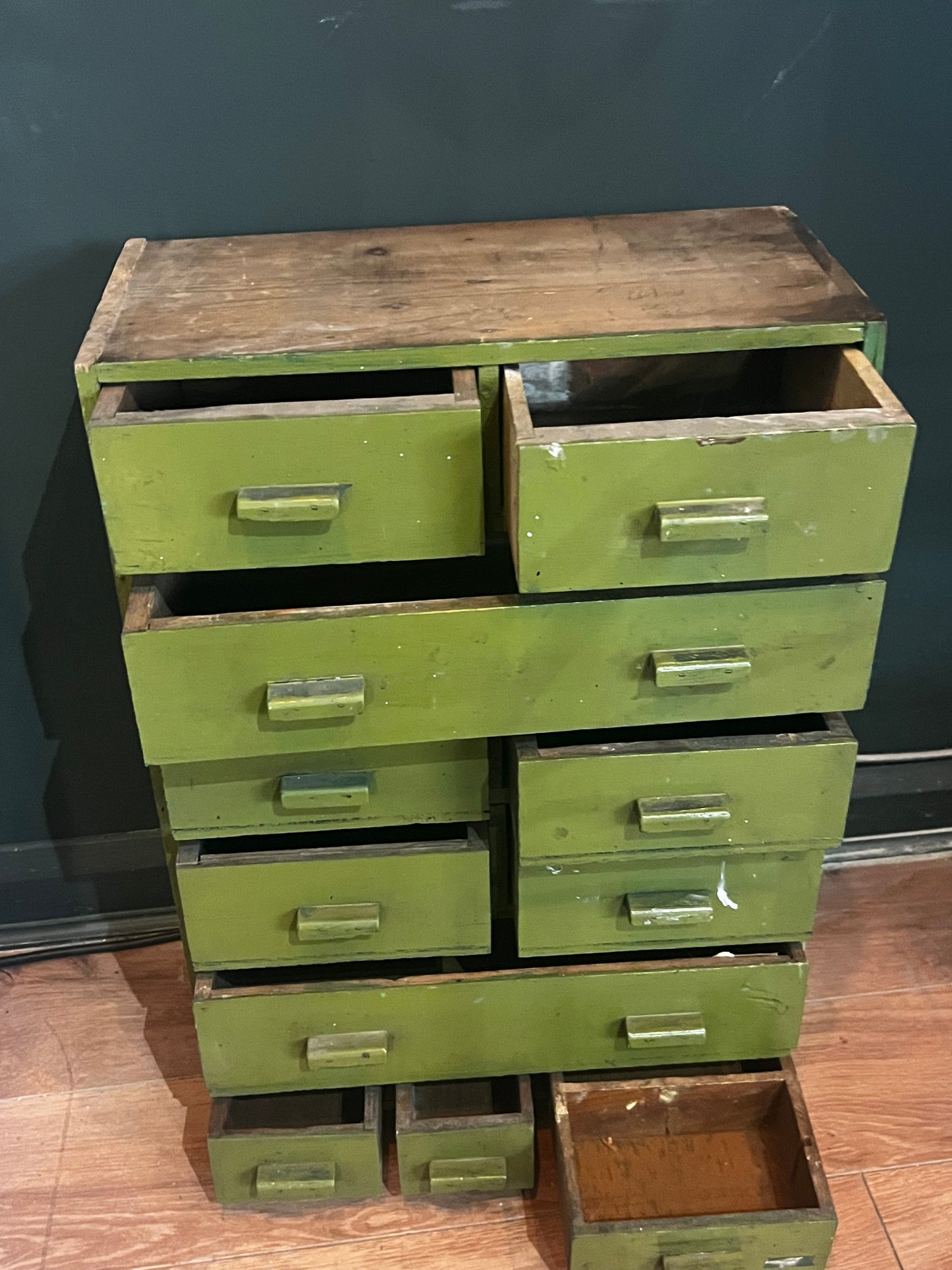 Small green painted handmade vintage tool drawers