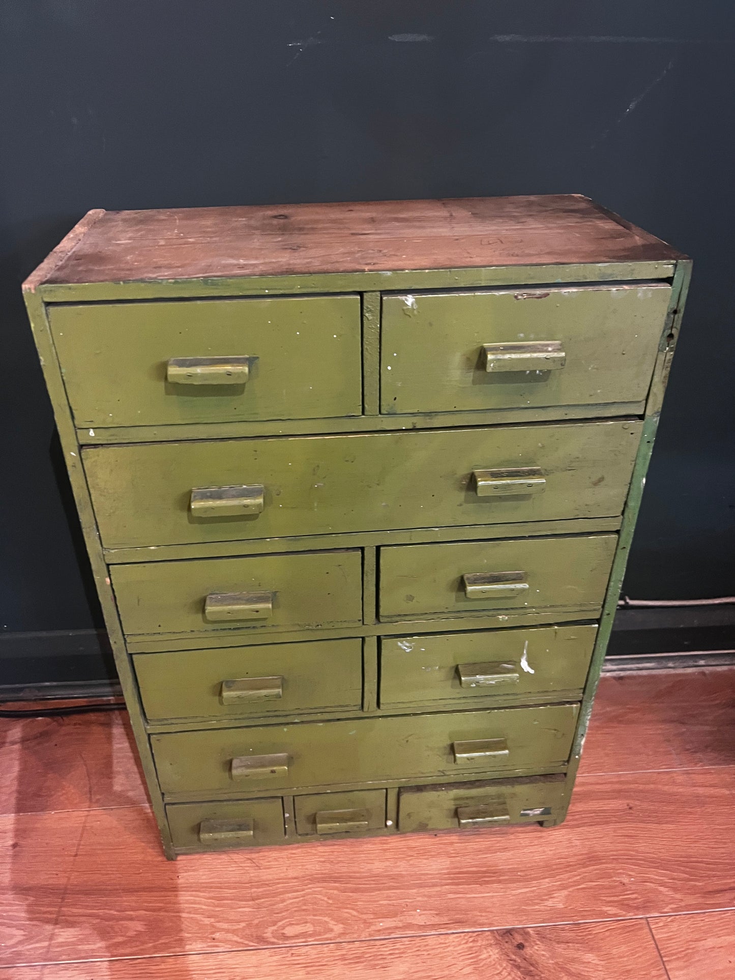 Small green painted handmade vintage tool drawers