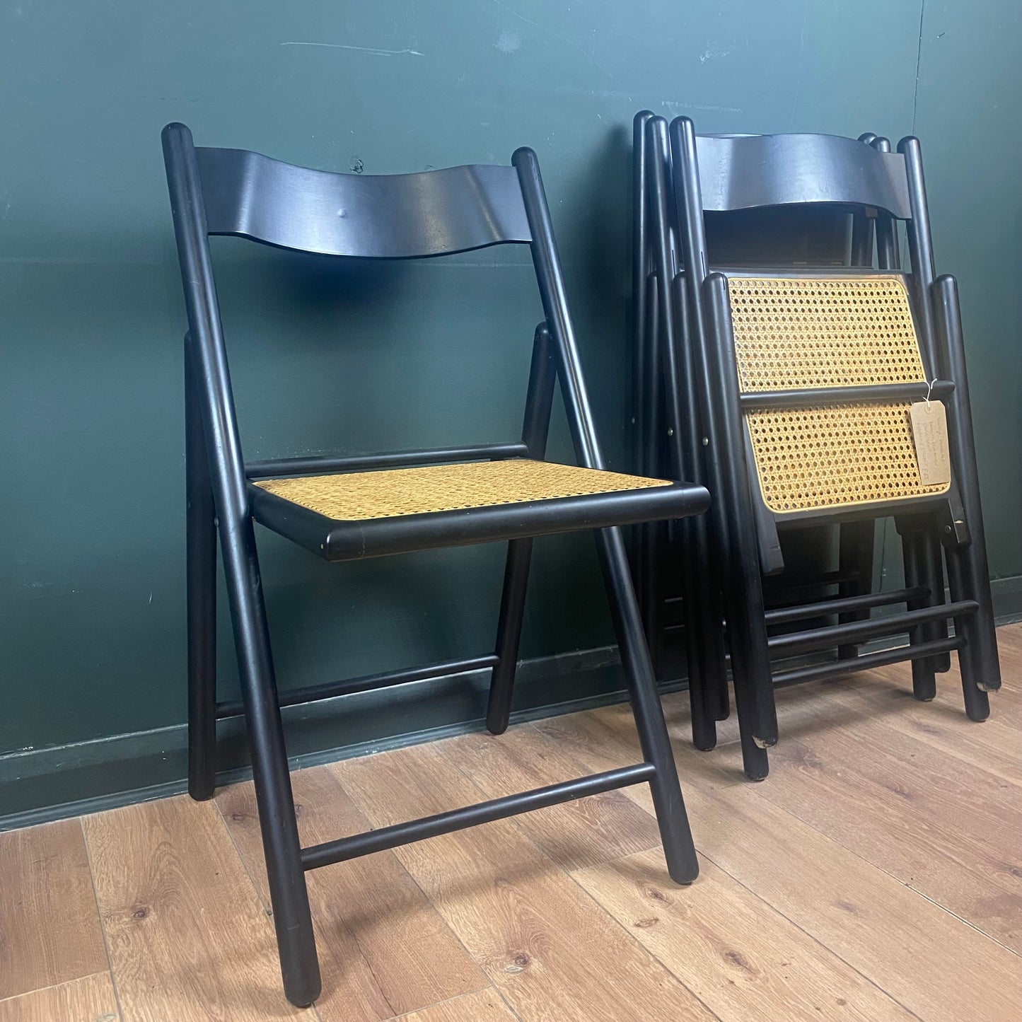 Vintage habitat black, cane seat, folding chairs.