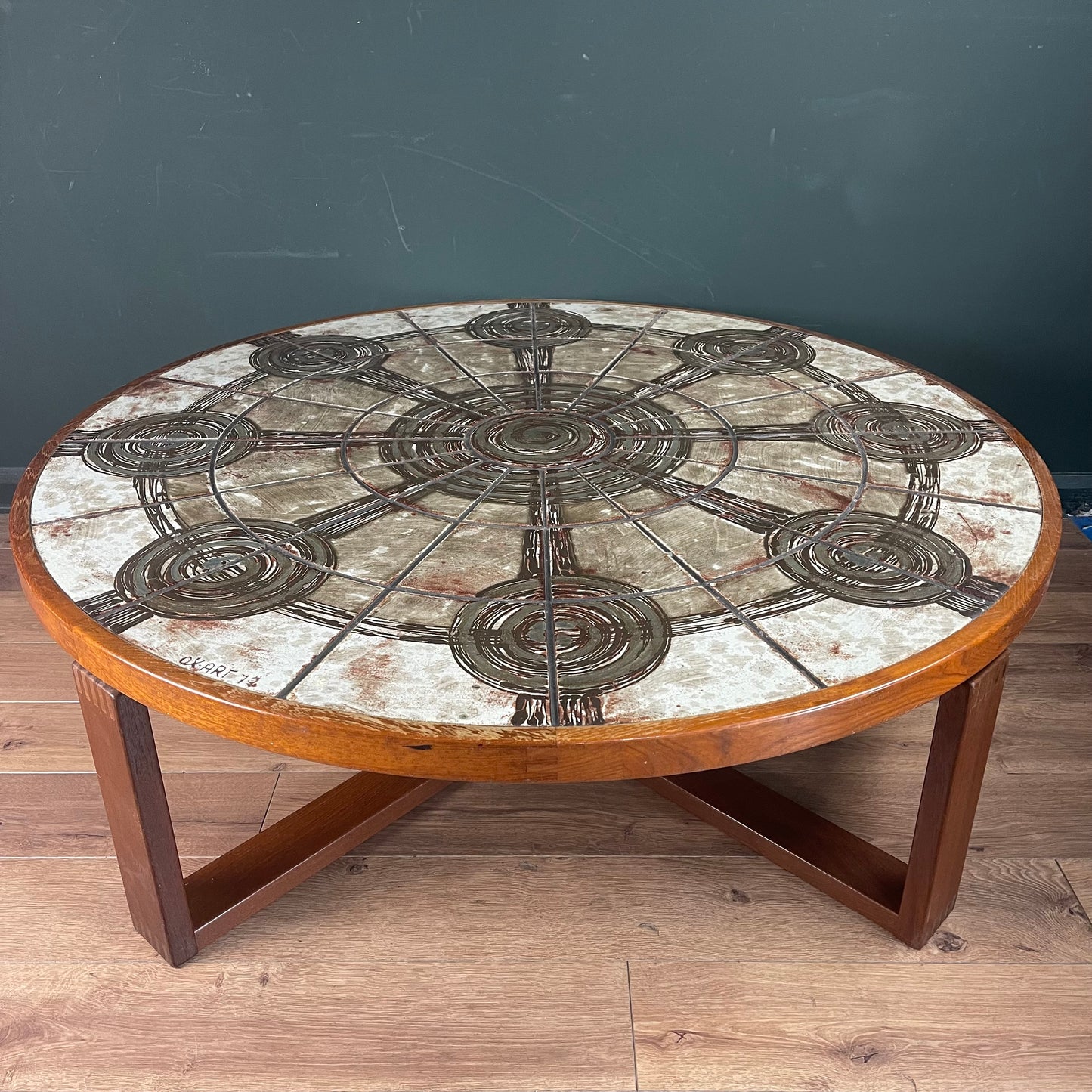 Danish Midcentury round tile topped table by Ox Art and Trioh
