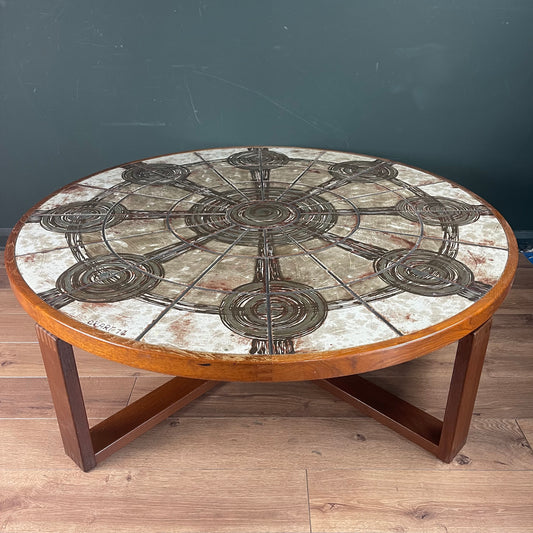 Danish Midcentury round tile topped table by Ox Art and Trioh