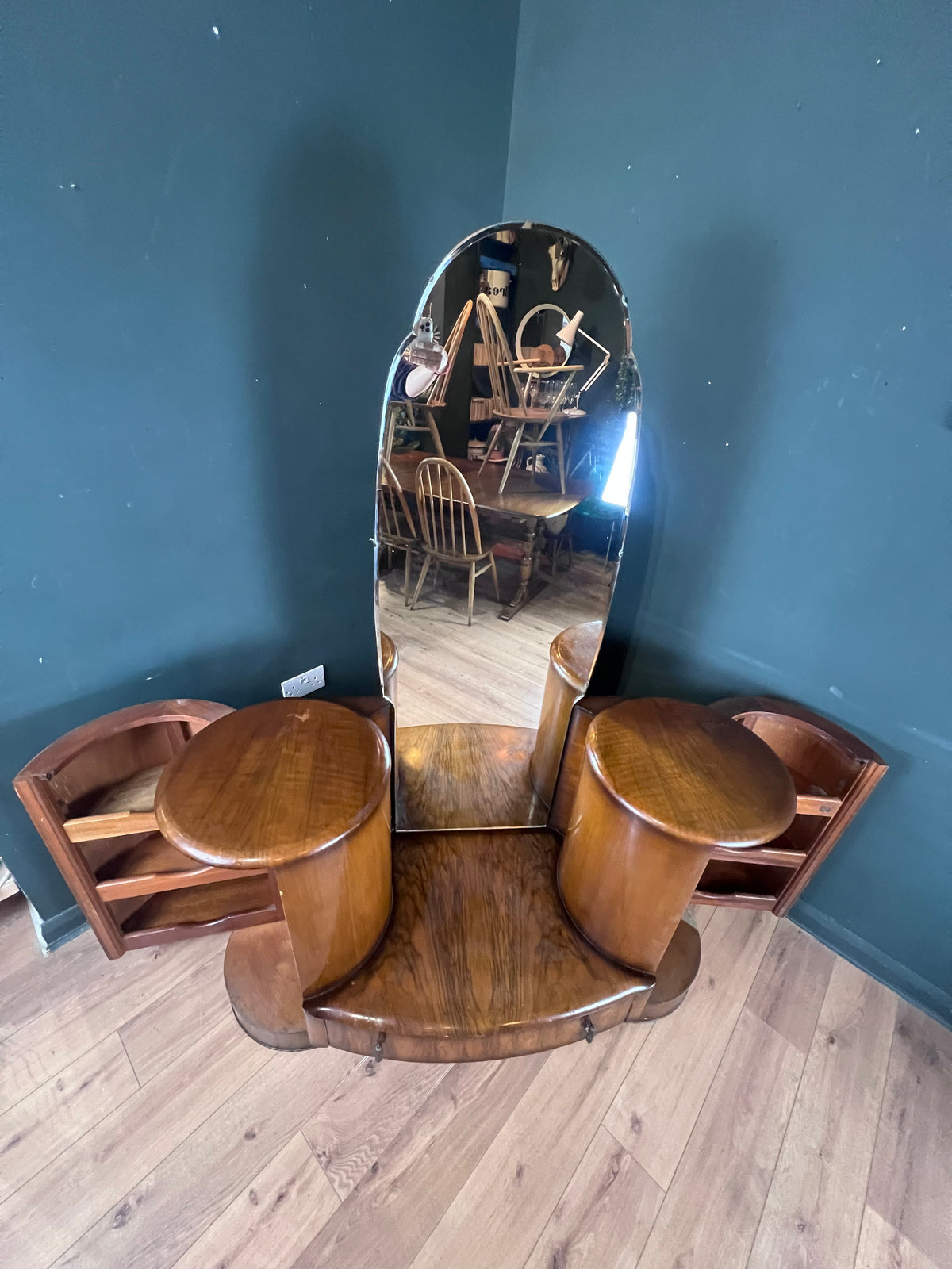 Art Deco walnut dressing table with full length mirror. By Shrager Brothers UK 1930s.