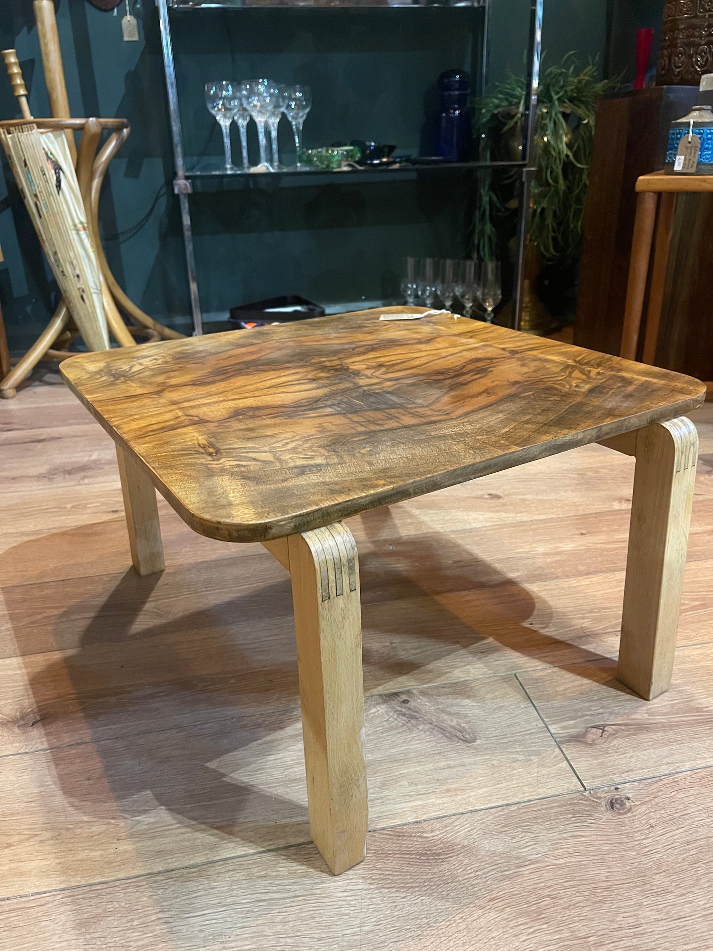Walnut veneer square coffe table with birch legs, by Alvar Aalto for Artek.