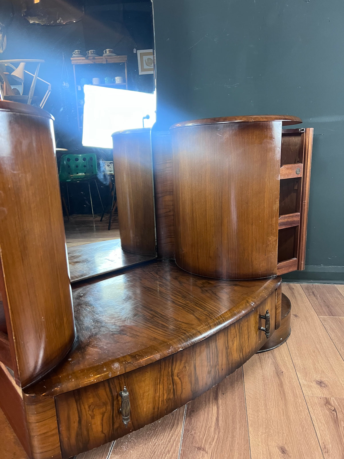 Art Deco walnut dressing table with full length mirror. By Shrager Brothers UK 1930s.