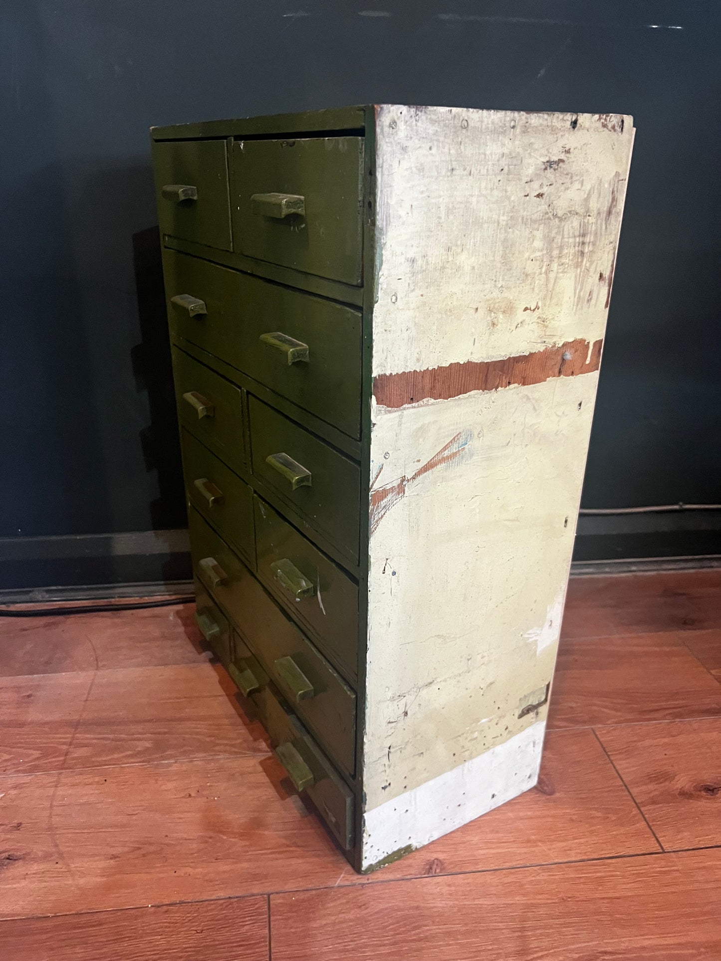 Small green painted handmade vintage tool drawers