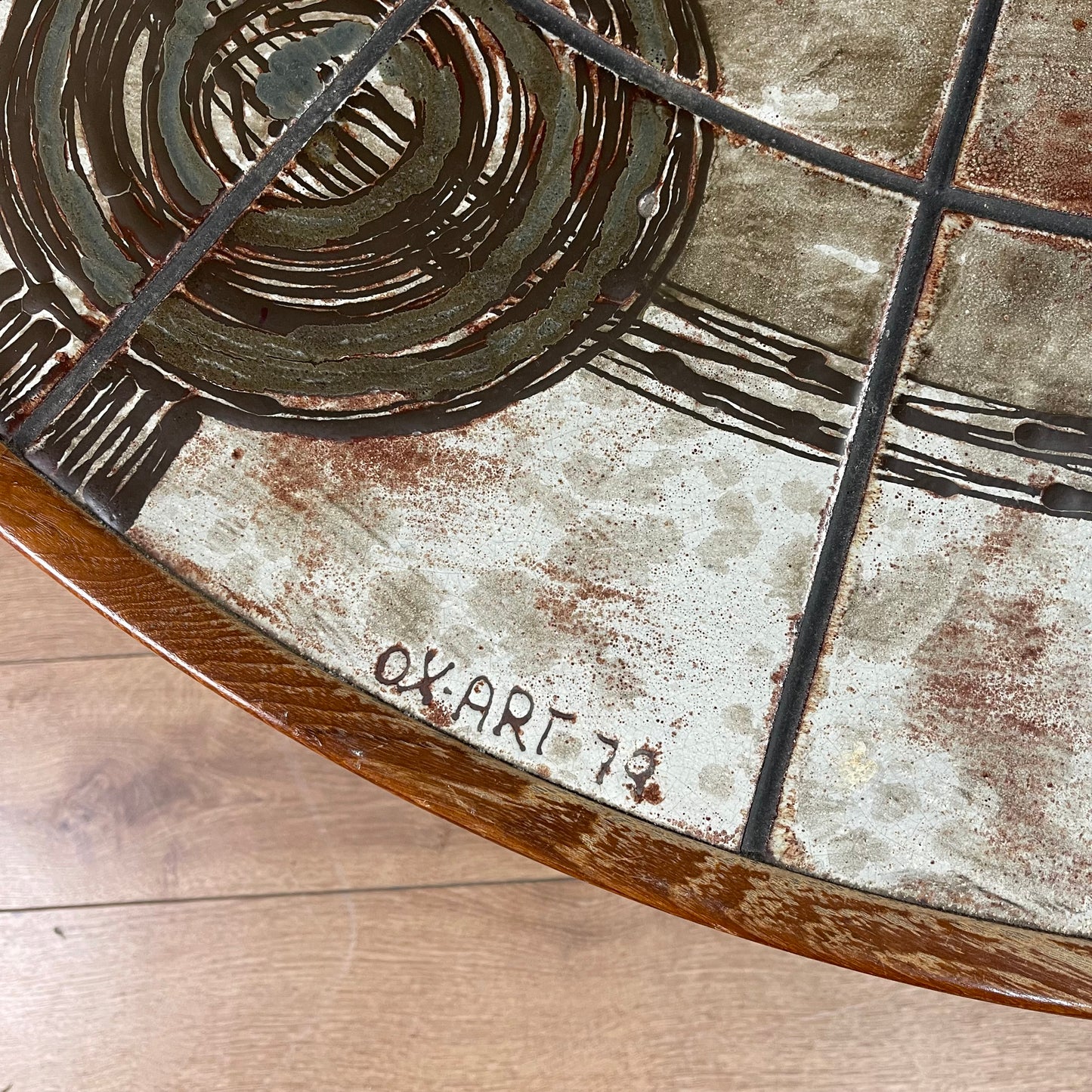Danish Midcentury round tile topped table by Ox Art and Trioh