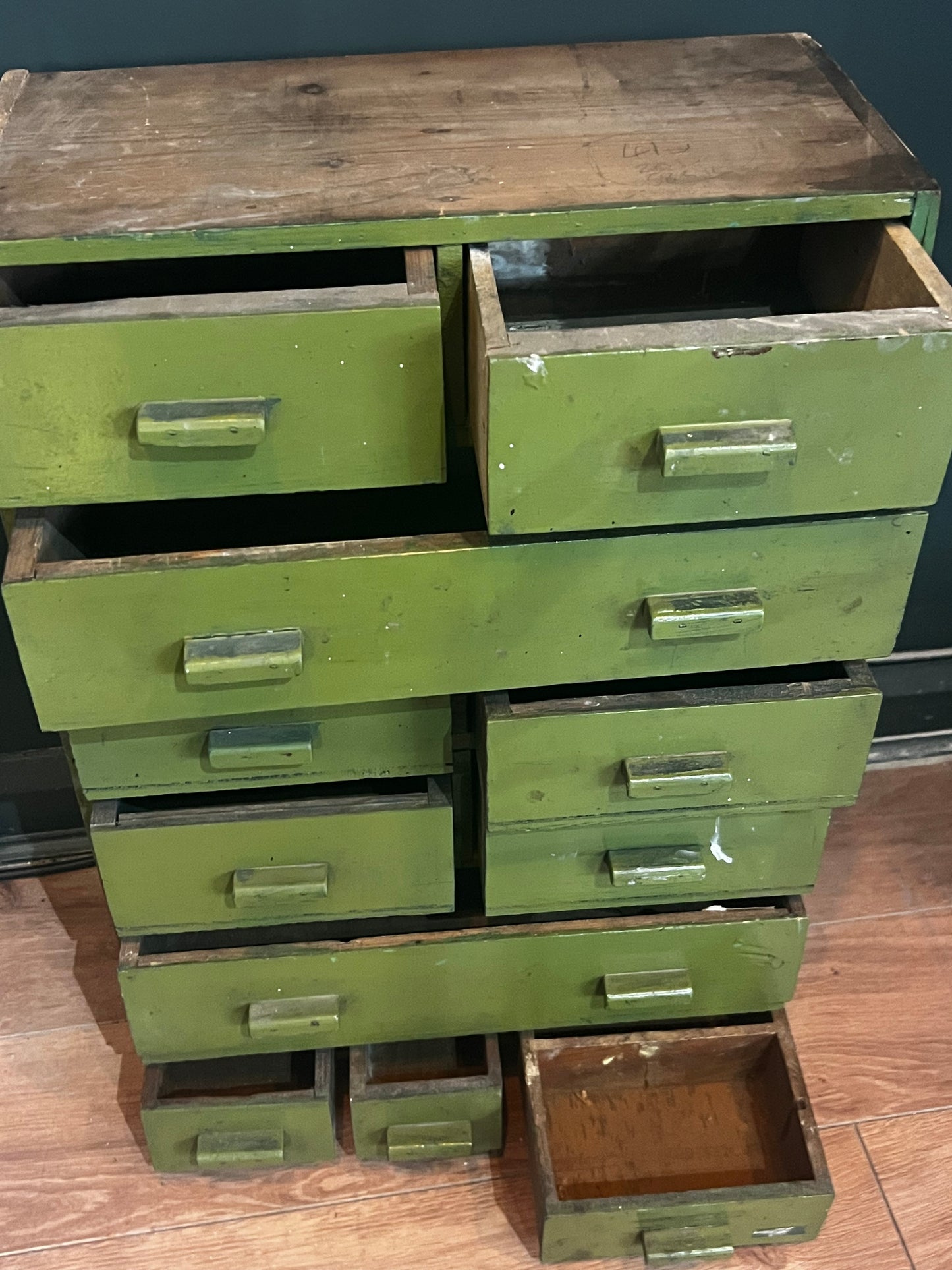 Small green painted handmade vintage tool drawers