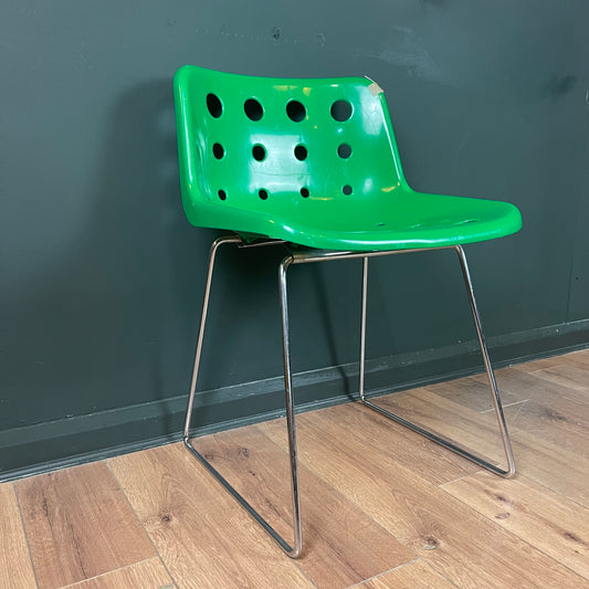 Green vintage Robin Day Polo chair with chrome legs