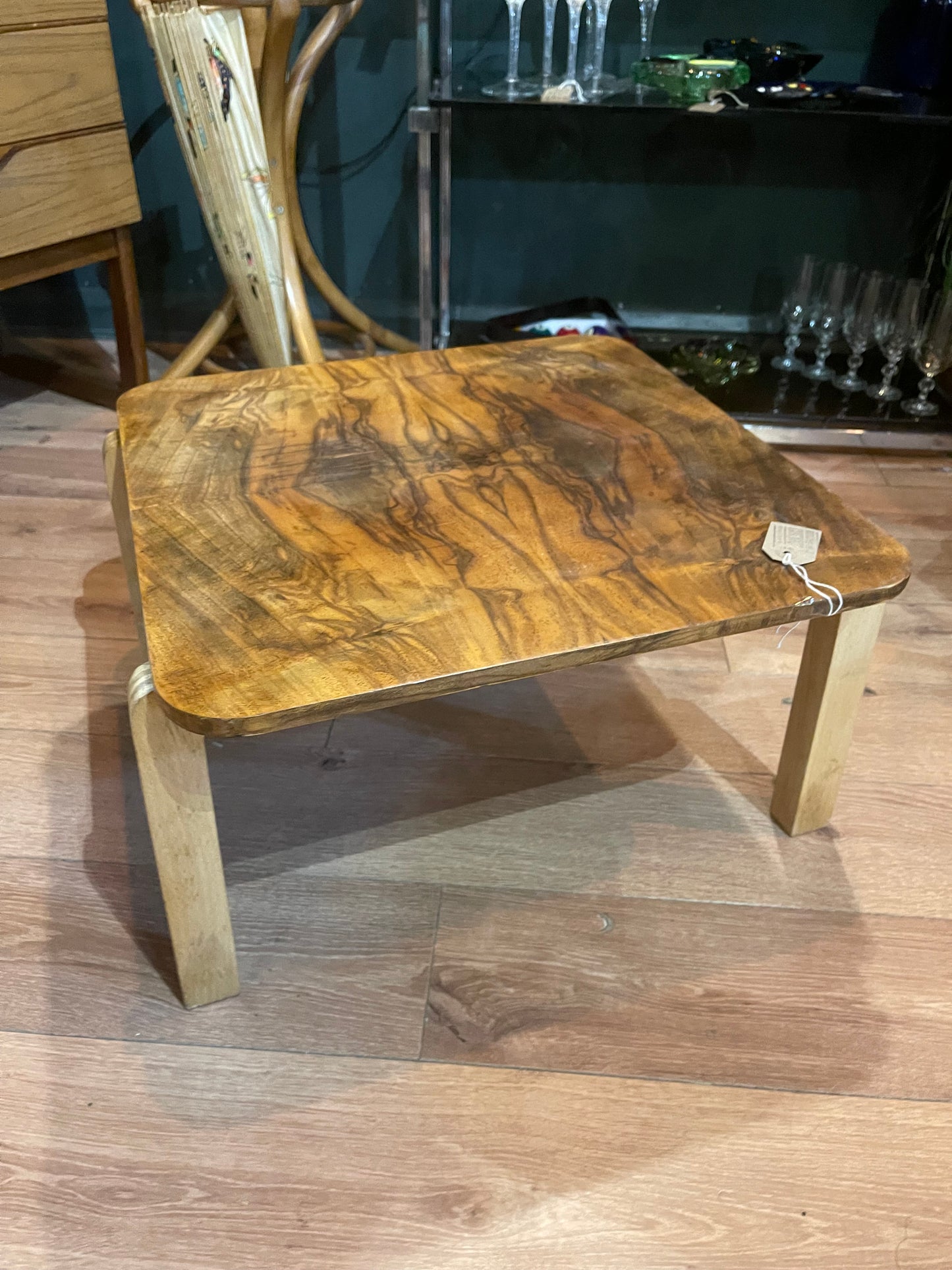 Walnut veneer square coffe table with birch legs, by Alvar Aalto for Artek.