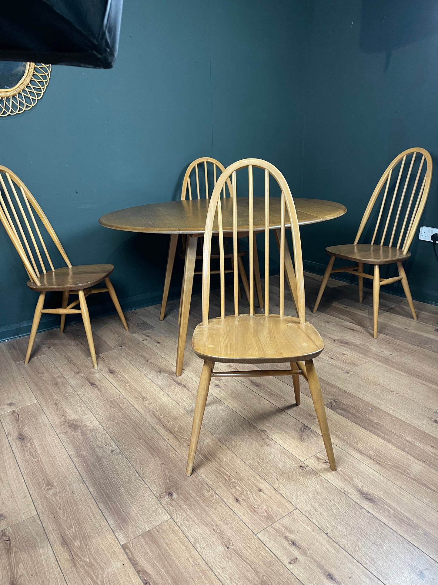 Ercol blonde round drop leaf table and 4 Windsor chairs