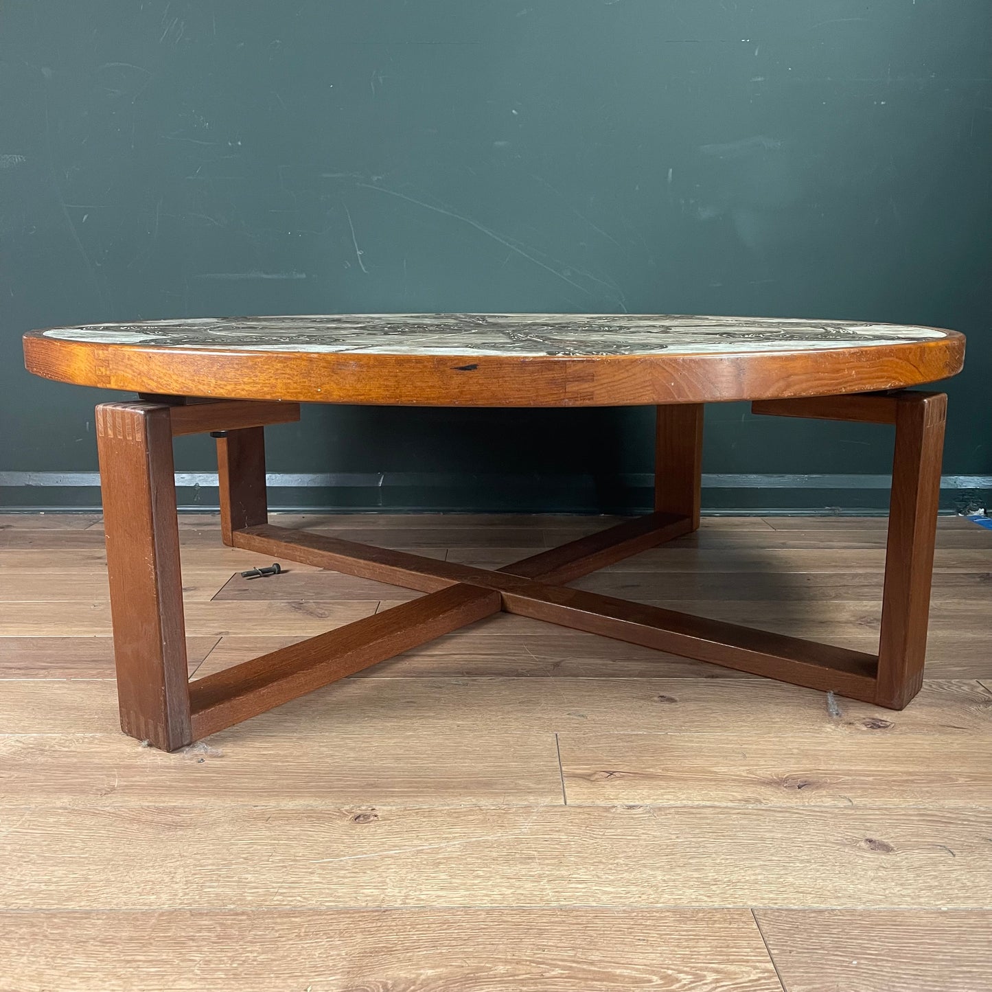 Danish Midcentury round tile topped table by Ox Art and Trioh