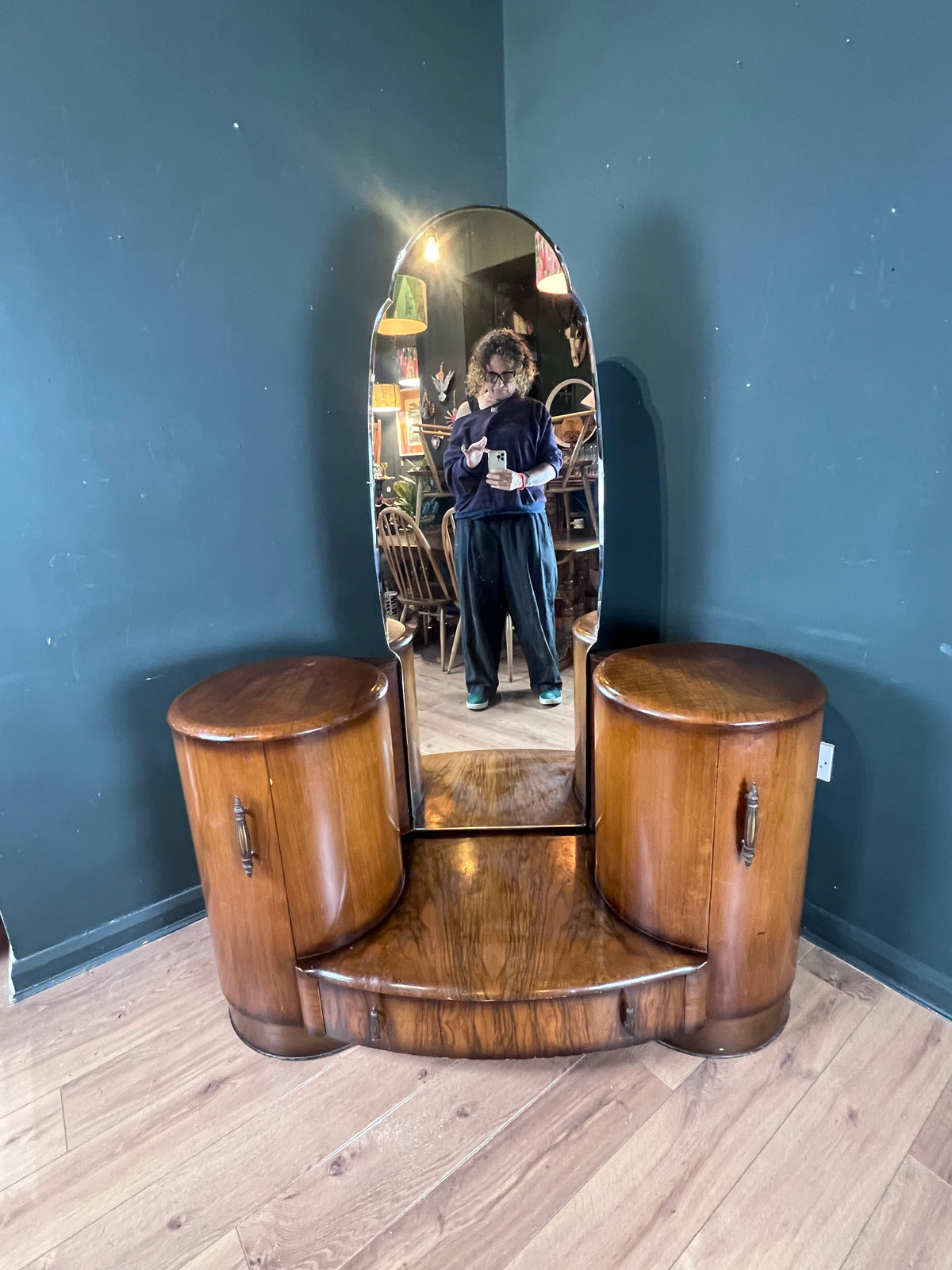 Art Deco walnut dressing table with full length mirror. By Shrager Brothers UK 1930s.