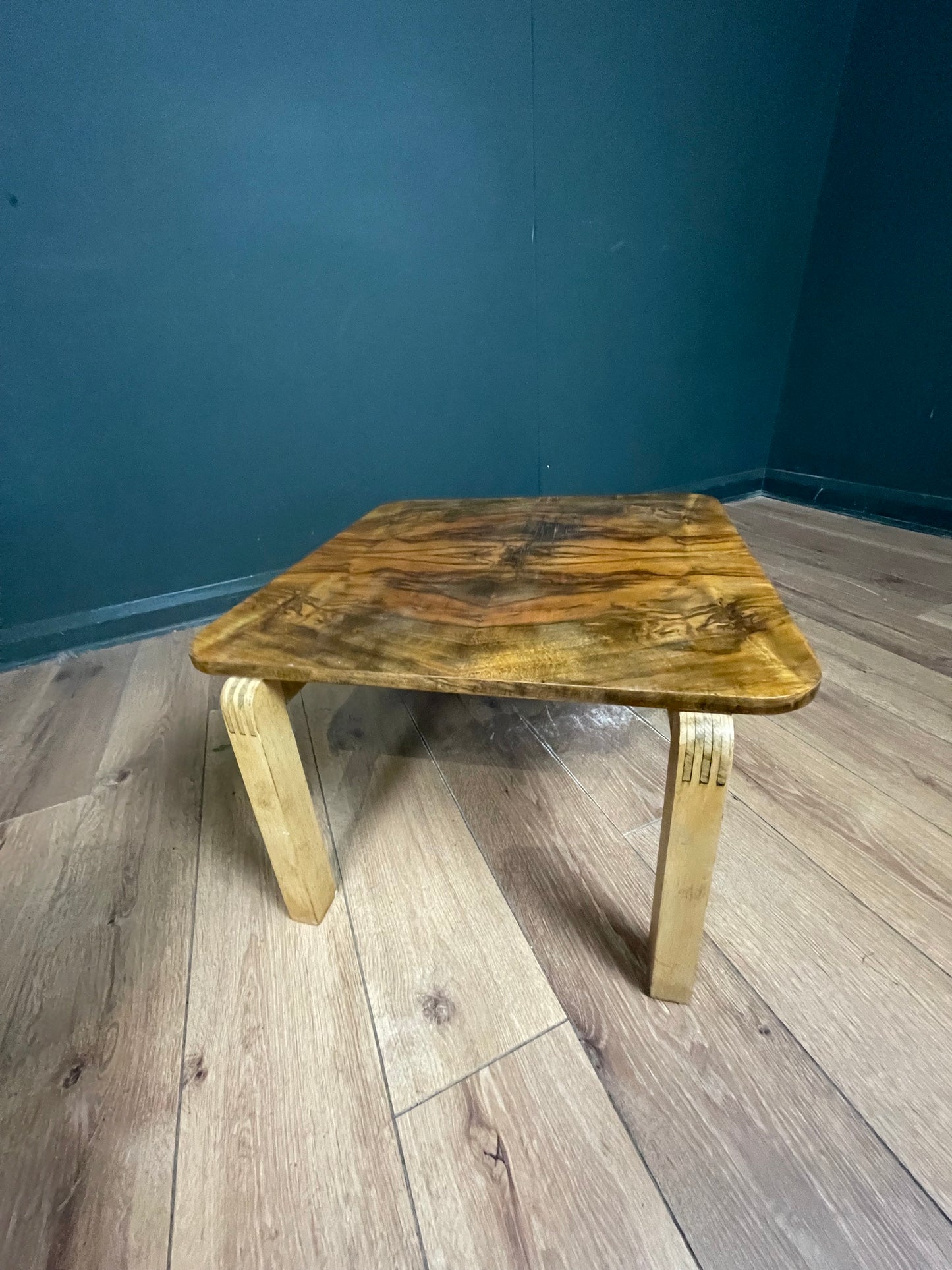 Walnut veneer coffee table with birch wood legs by Alvar Alto