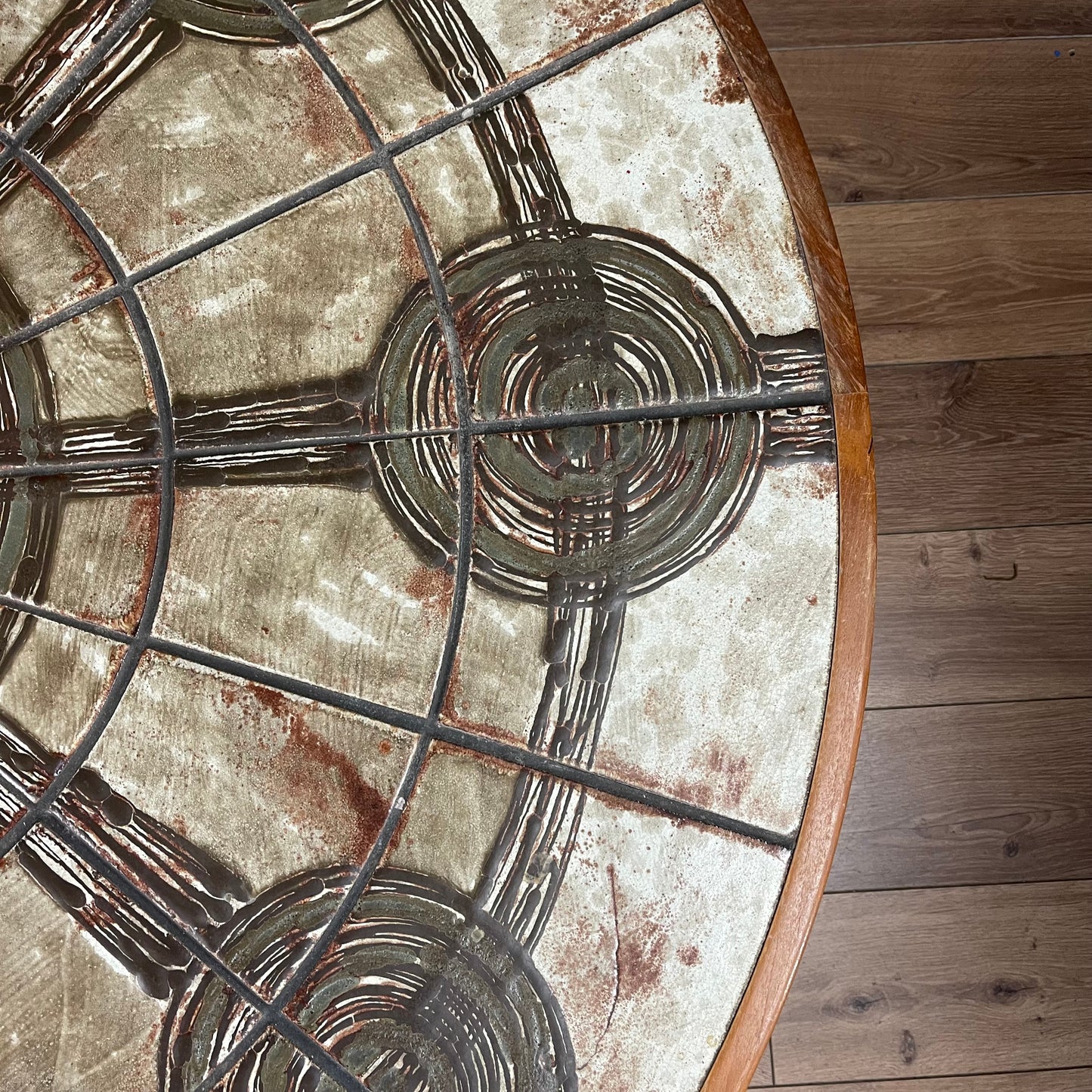 Danish Midcentury round tile topped table by Ox Art and Trioh