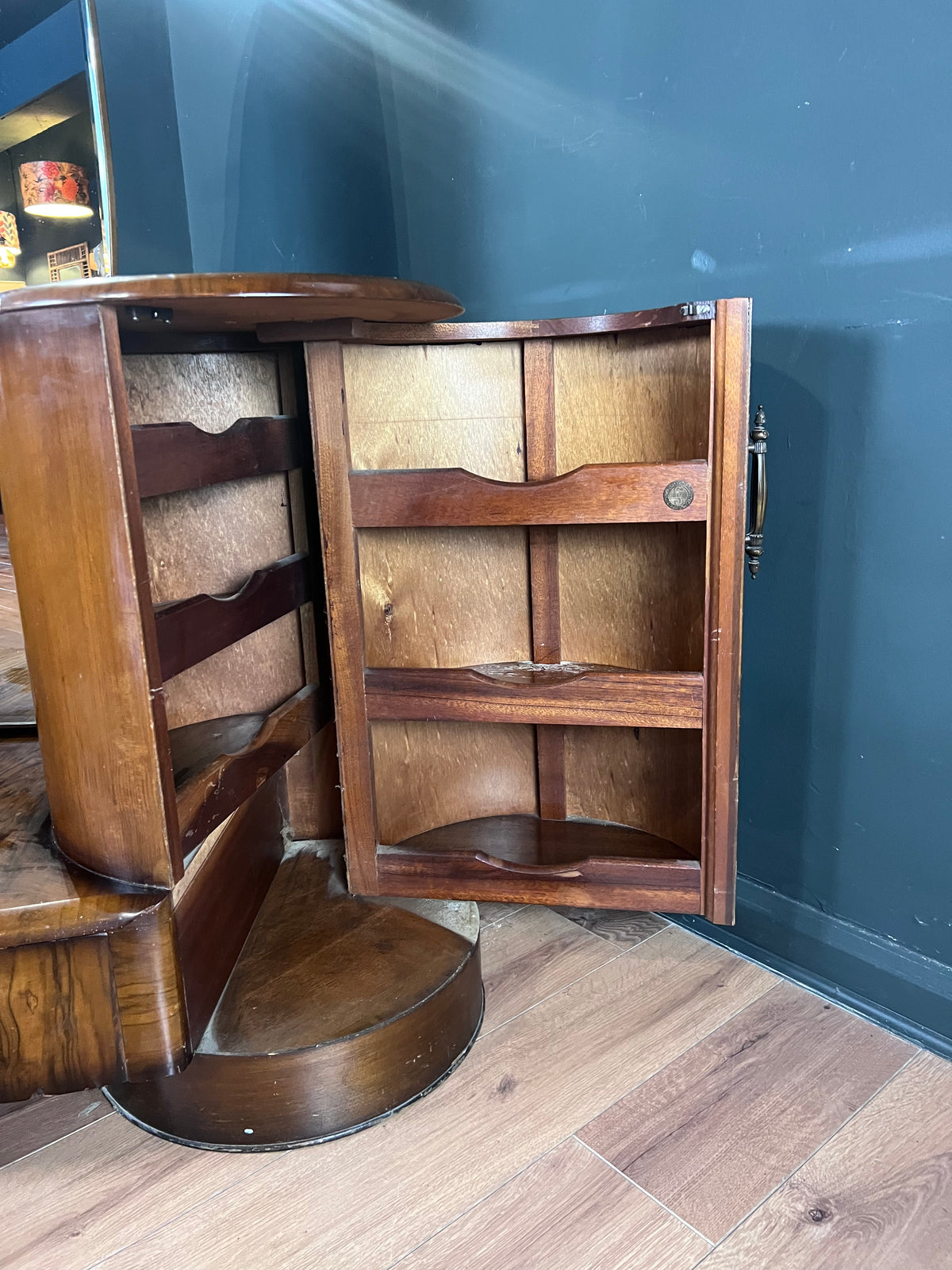 Art Deco walnut dressing table with full length mirror. By Shrager Brothers UK 1930s.