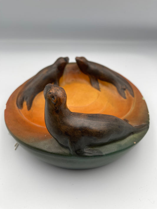 Danish Art Nouveau sealion bowl hand painted by Ipsen's Widow.