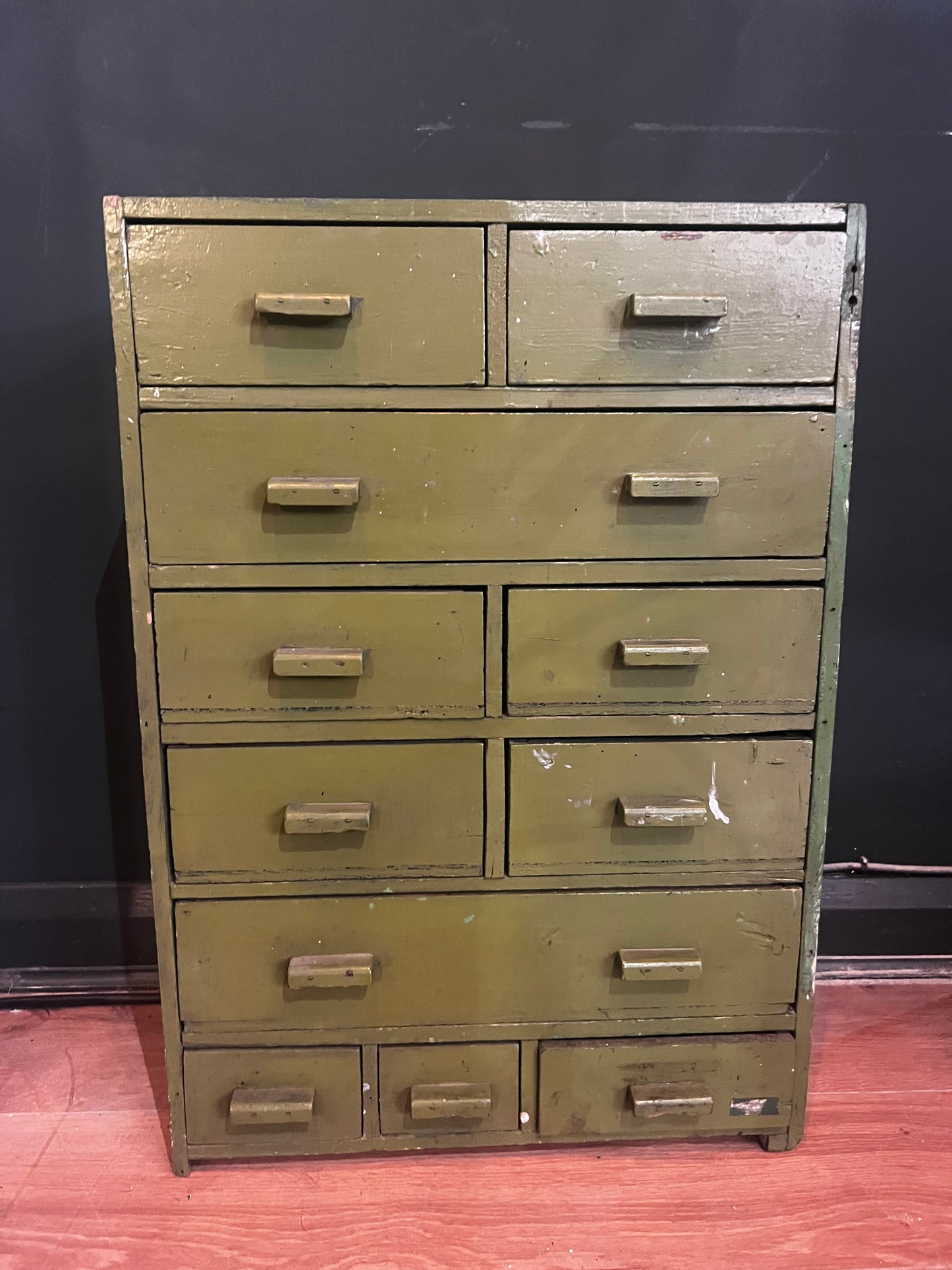Small green painted handmade vintage tool drawers