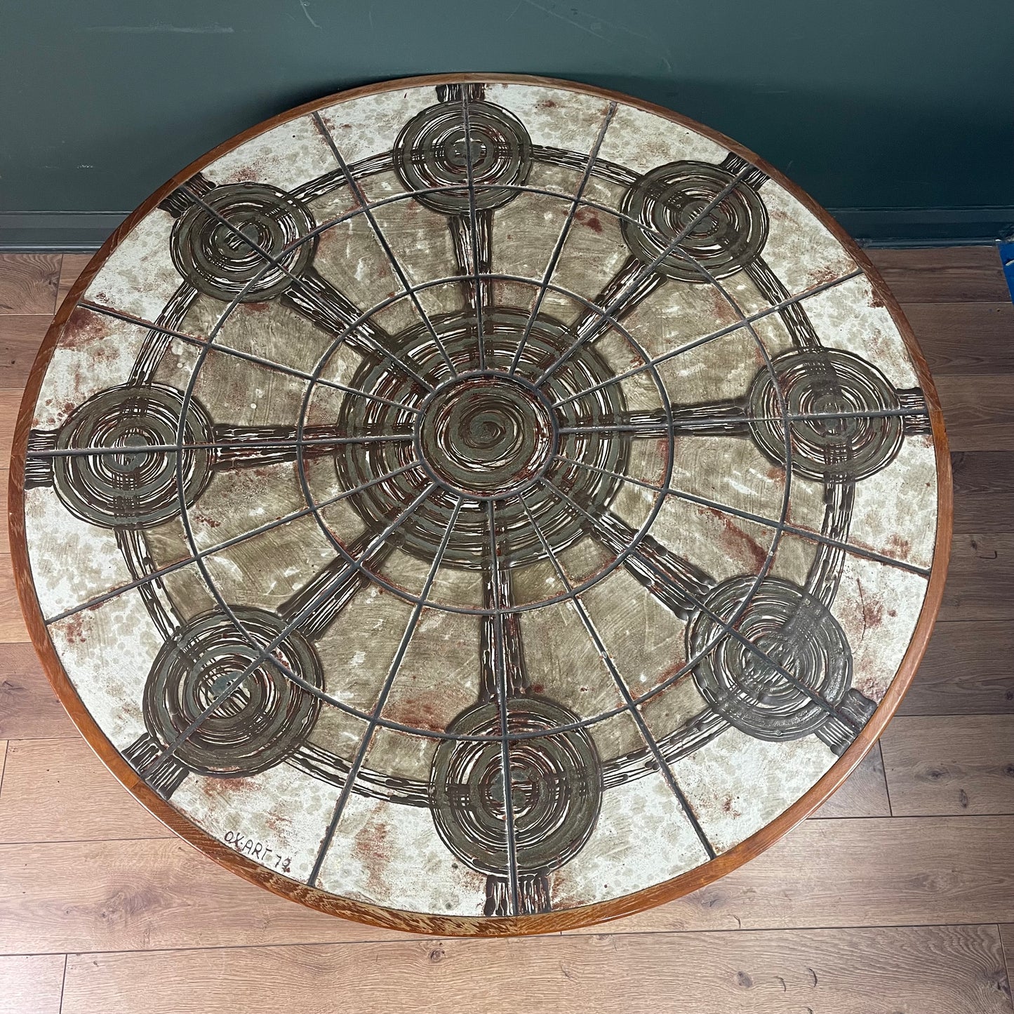 Danish Midcentury round tile topped table by Ox Art and Trioh