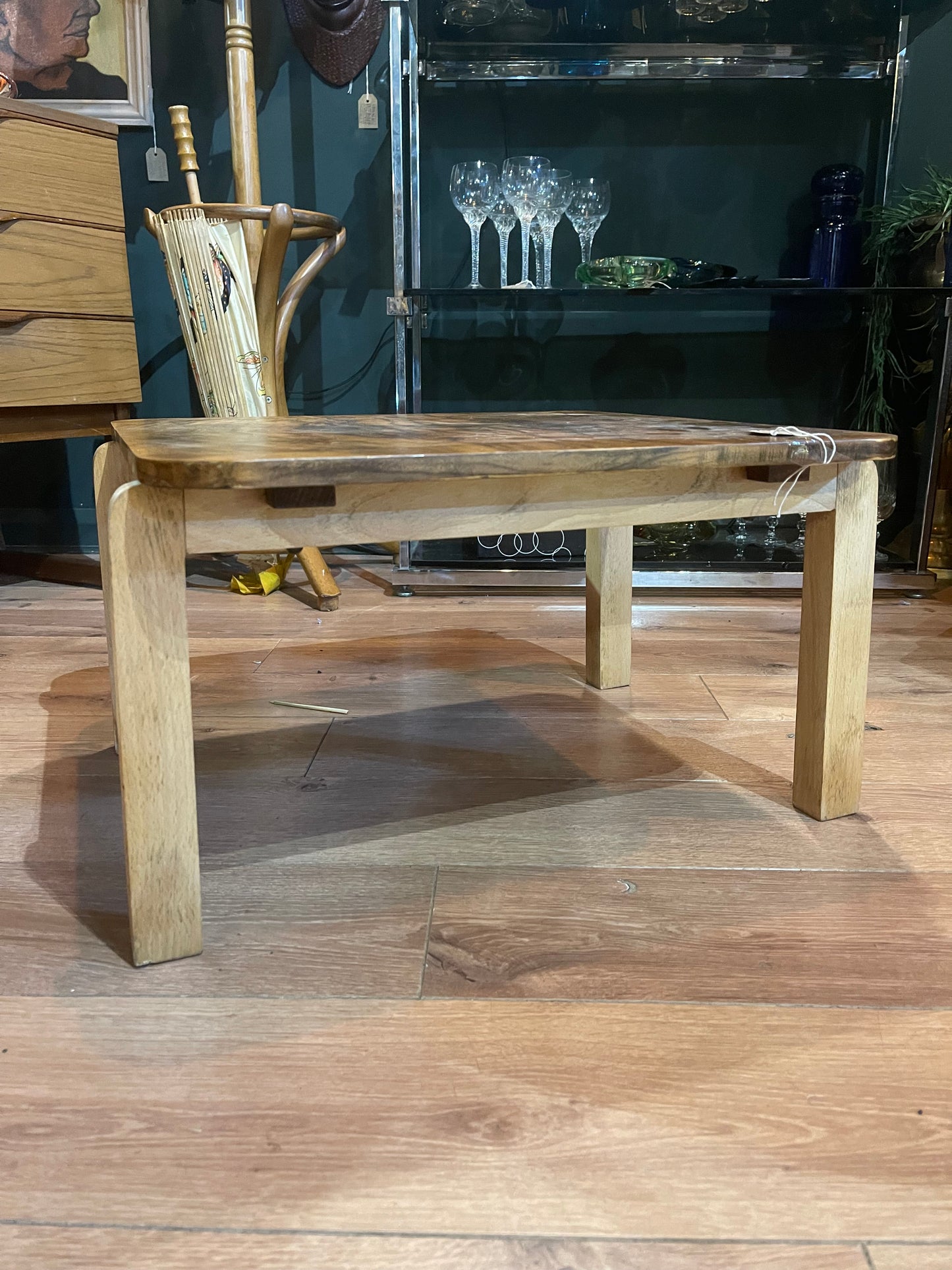 Walnut veneer square coffe table with birch legs, by Alvar Aalto for Artek.