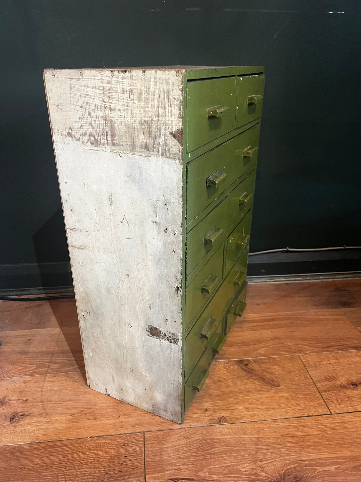 Small green painted handmade vintage tool drawers