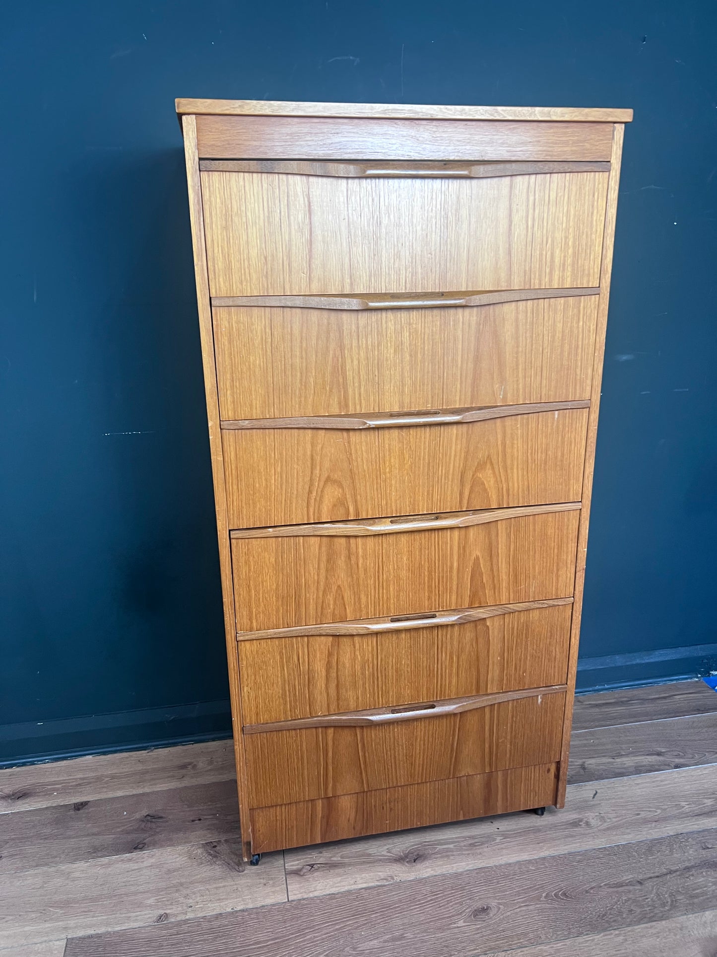 Midcentury teak tall boy with 6 drawers
