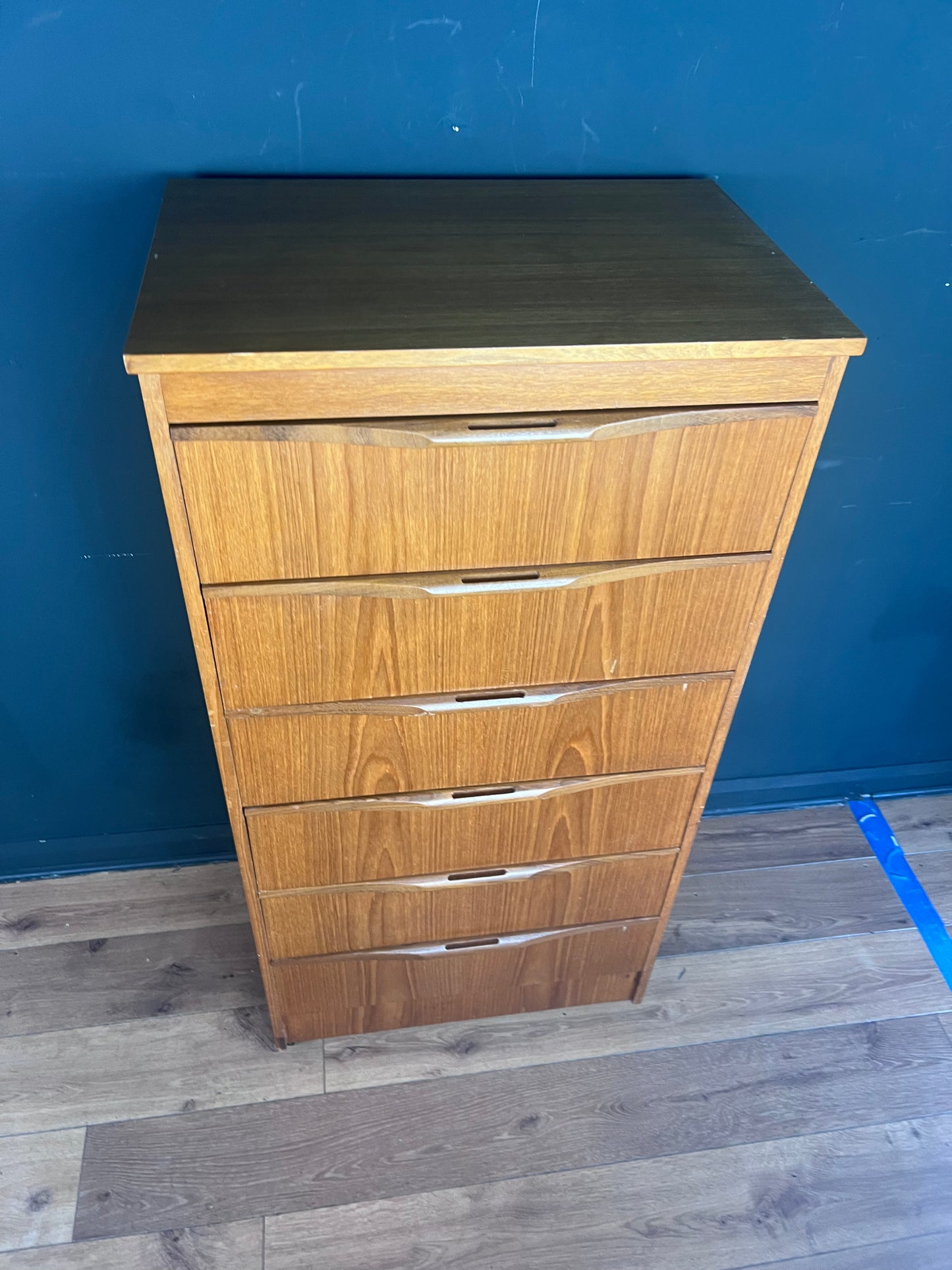 Midcentury teak tall boy with 6 drawers