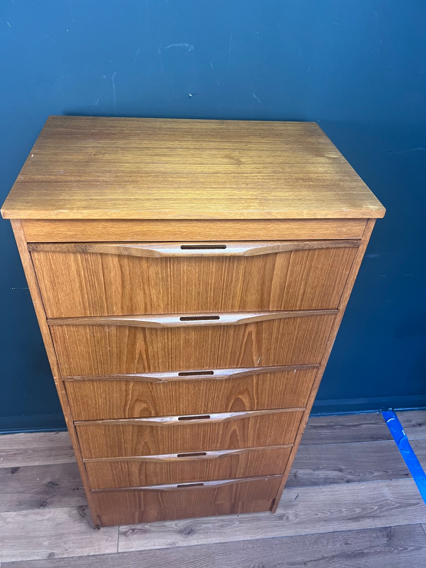 Midcentury teak tall boy with 6 drawers
