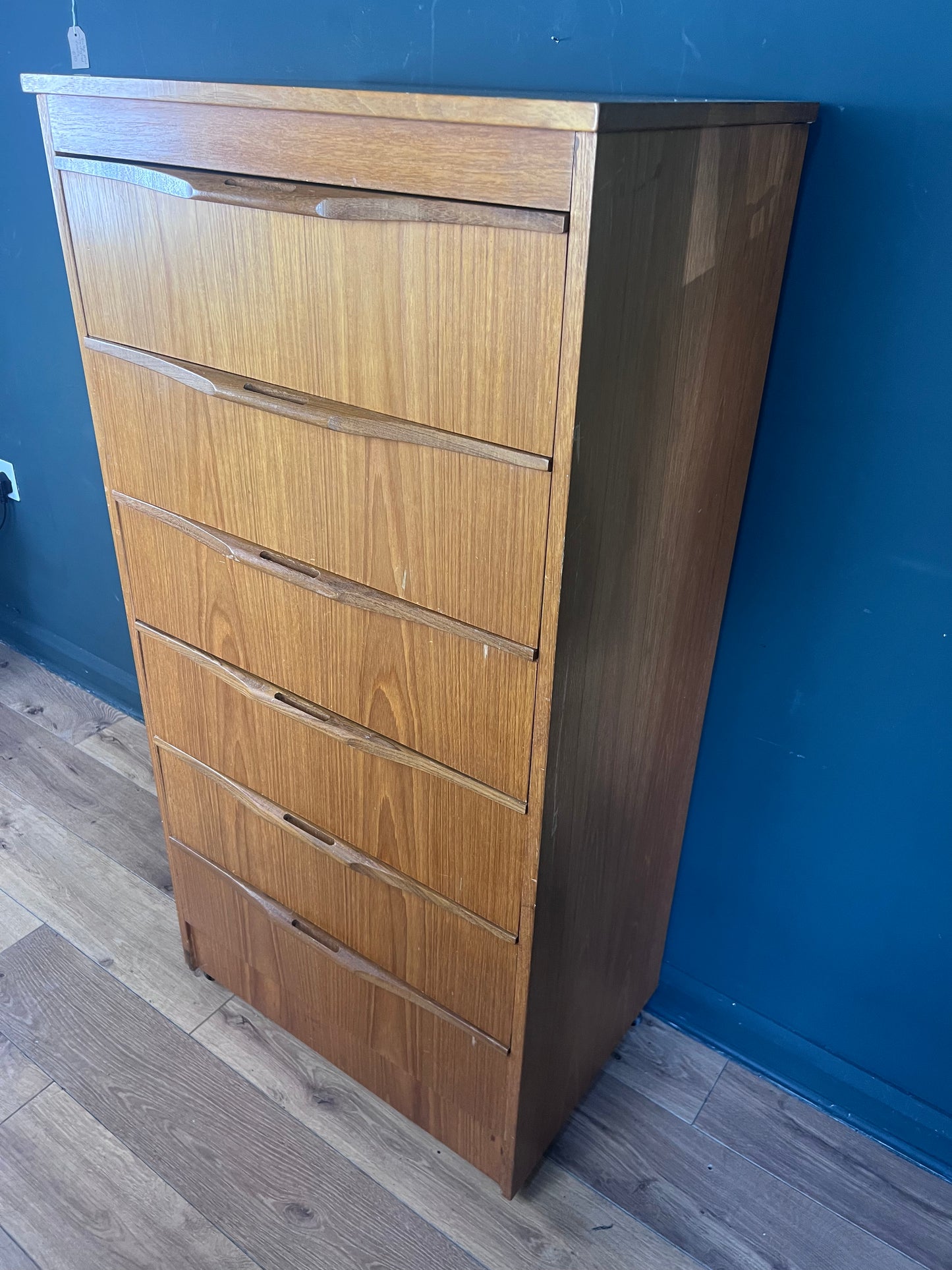 Midcentury teak tall boy with 6 drawers