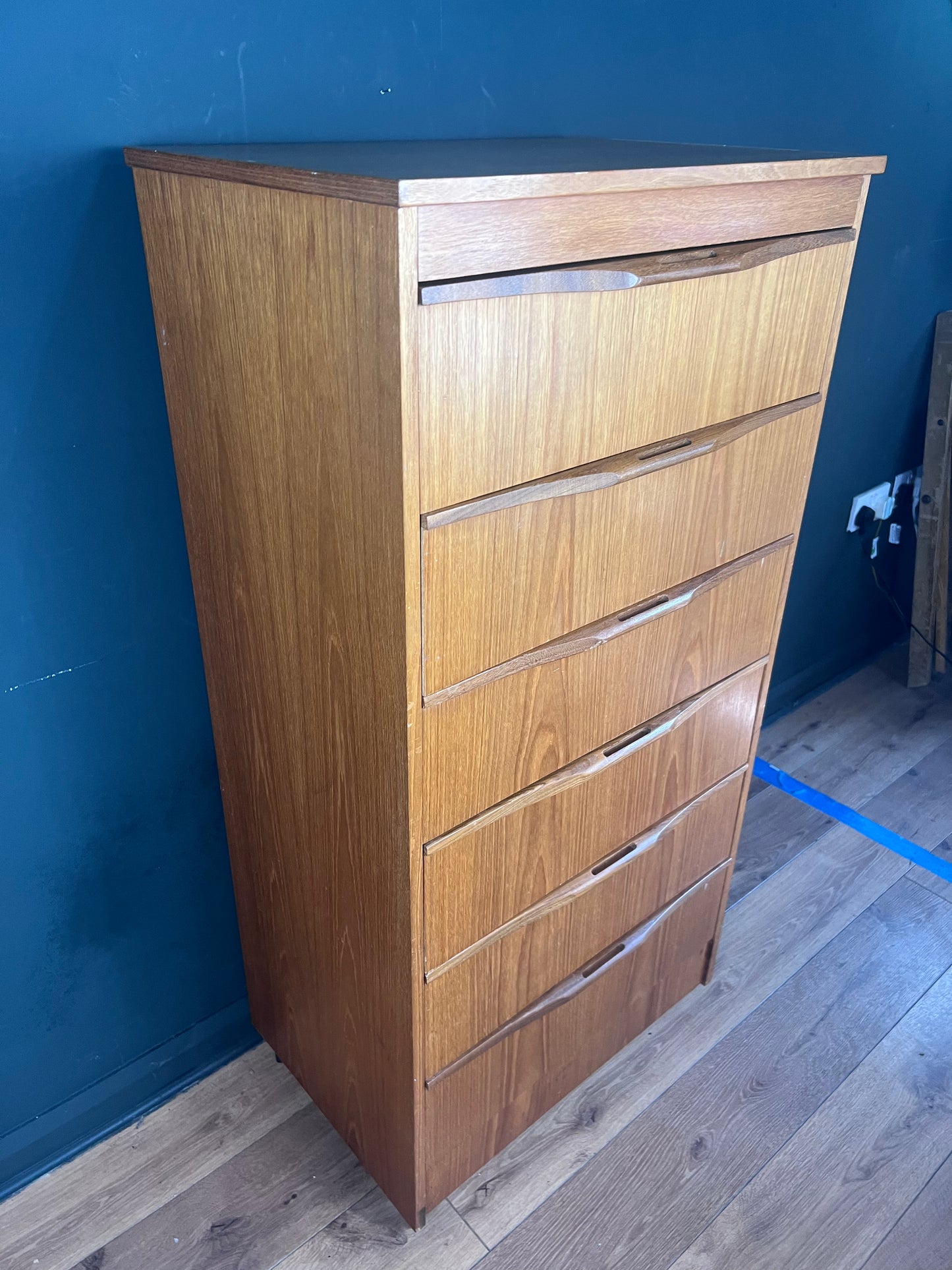 Midcentury teak tall boy with 6 drawers
