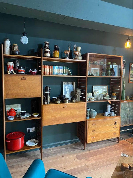 Teak 3 bay Ladderax shelving system by Staples